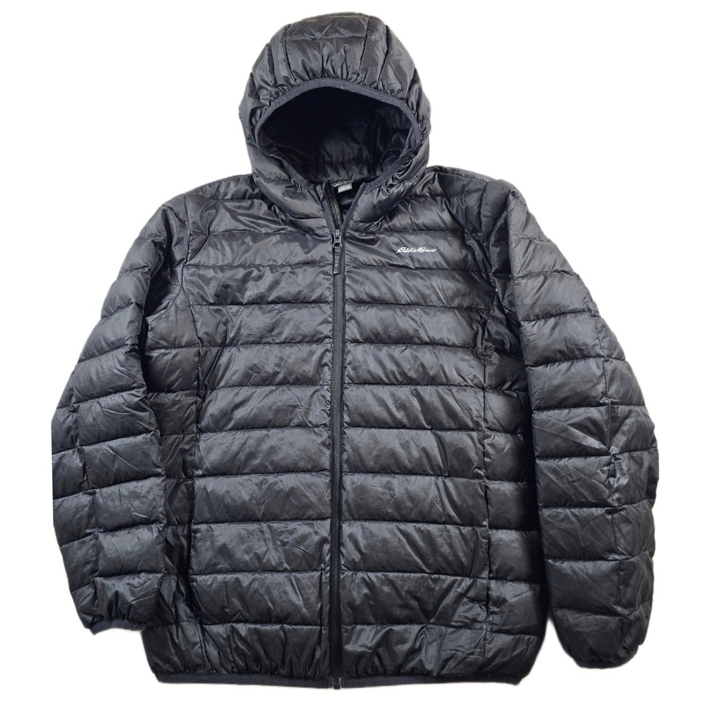 Eddie Bauer Down Puffer Jacket Kids XL 16 Black Filled Hooded Quilted Coat